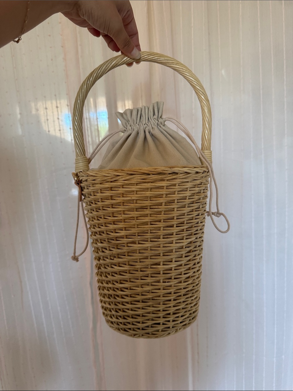 Beige Woven Bucket Bag with Drawstring Closure